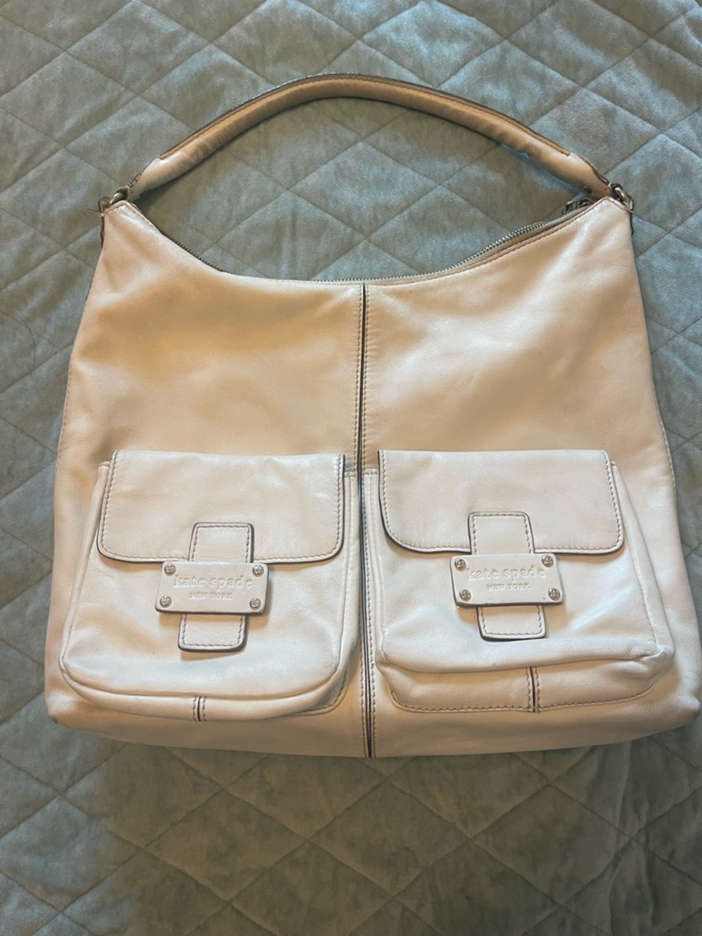 kate spade cream leather shoulder hobo with front flap pockets